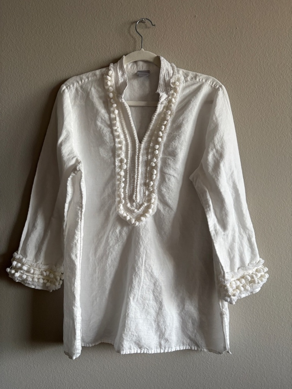 CHICO'S Linen-Blend Kurta Tunic Blouse White Pom-Pom Trim 3/4 Sleeve Size 2 - Picture 2 of 12